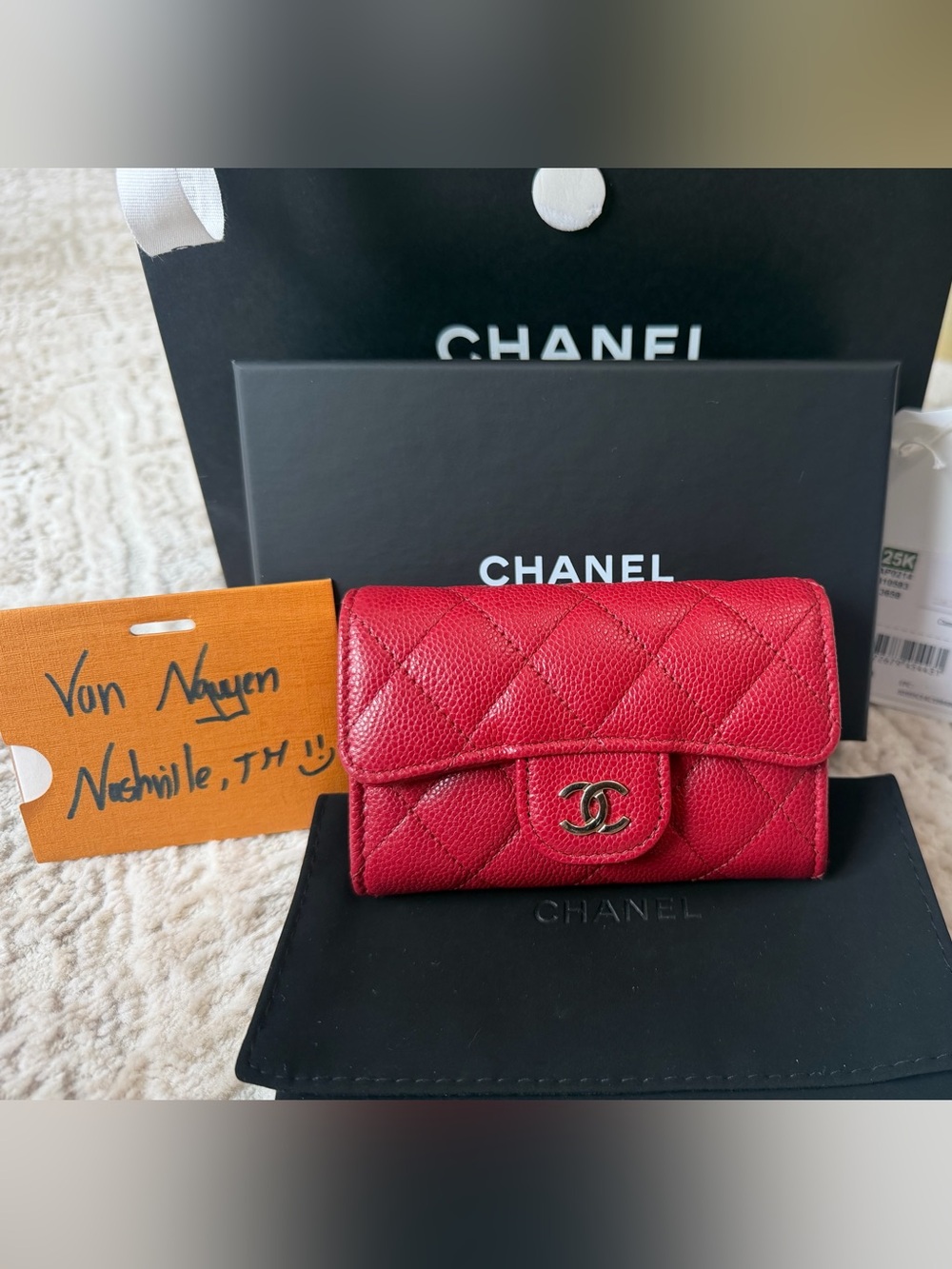 CHANEL Red Quilted Caviar Leather Mini Wallet with Gold CC